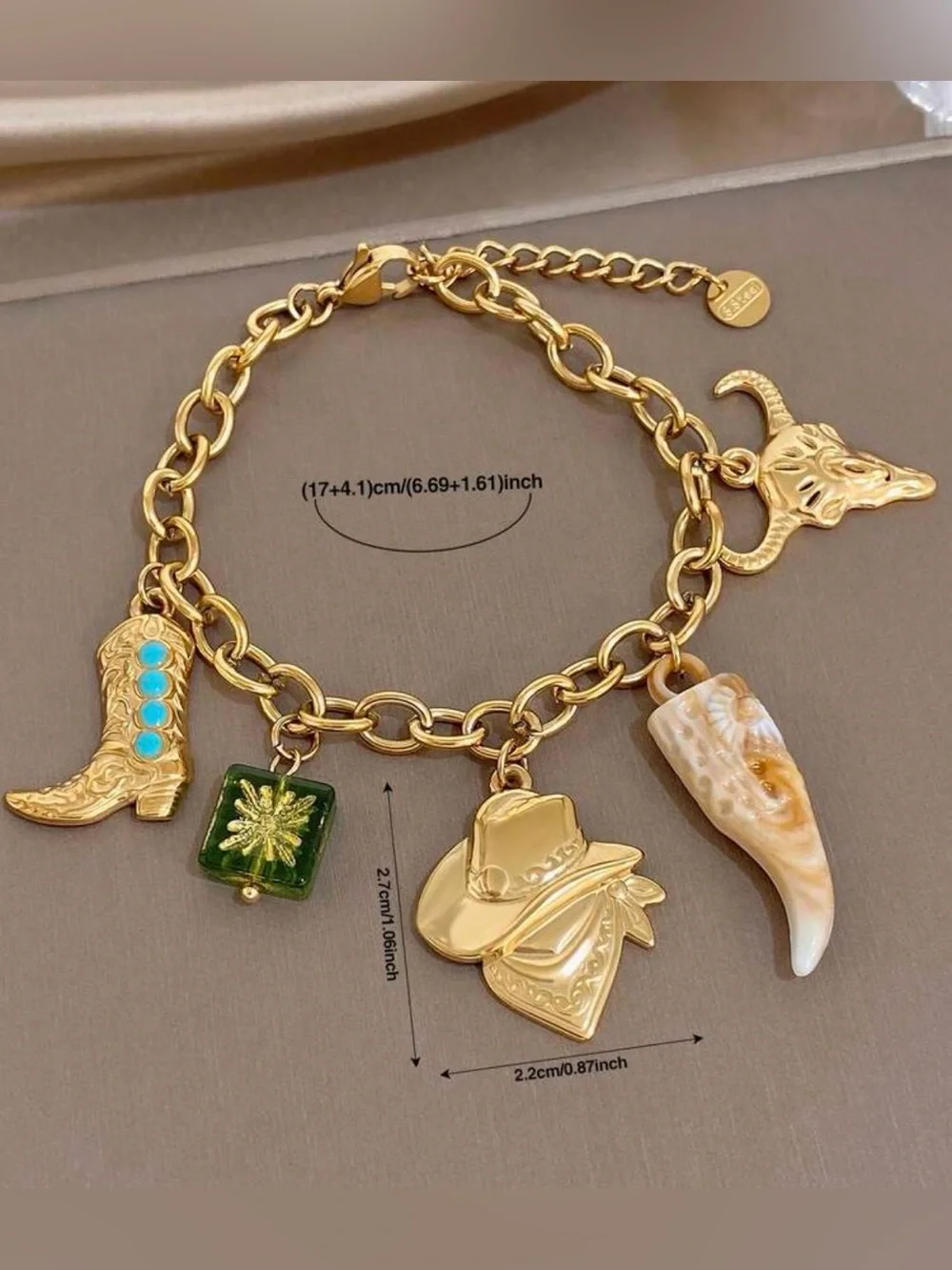 Gold Western Charm Bracelet with Turquoise and Green Accents